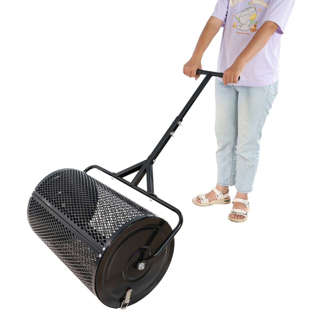 Compost Peat Moss Spreader na may Upgrade T Shaped Handle para sa Pagtanim ng Seeding Matibay Magaang Metal Mesh para sa Lawn Garden Care Dure Black