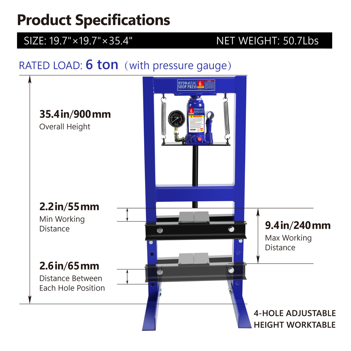 Steel H-Frame Hydraulic Garage Shop Floor Press with Stamping Plates and Pressure Gauge 6 Ton Capacity-Blue