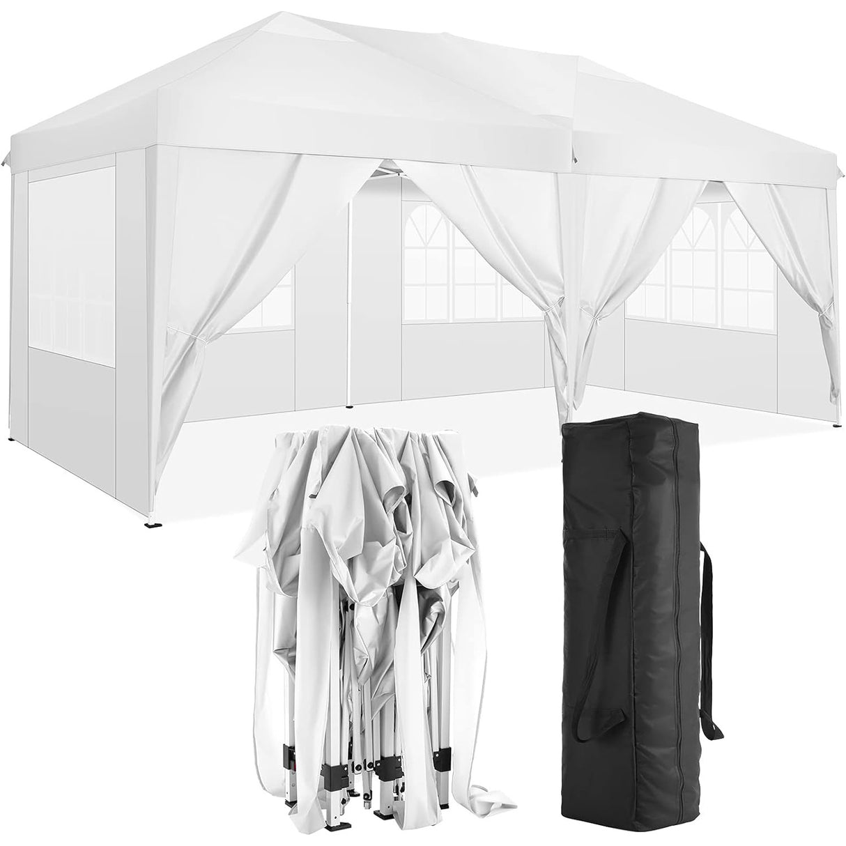 10'x20' Opvouwbare luifel met 6 verwijderbare zijwanden Buitenevenementenopvang UPF 50+ Gazebo Draagbare tenten voor feesten Strand Camping Bruiloft EZ Pop-up luifel - Wit