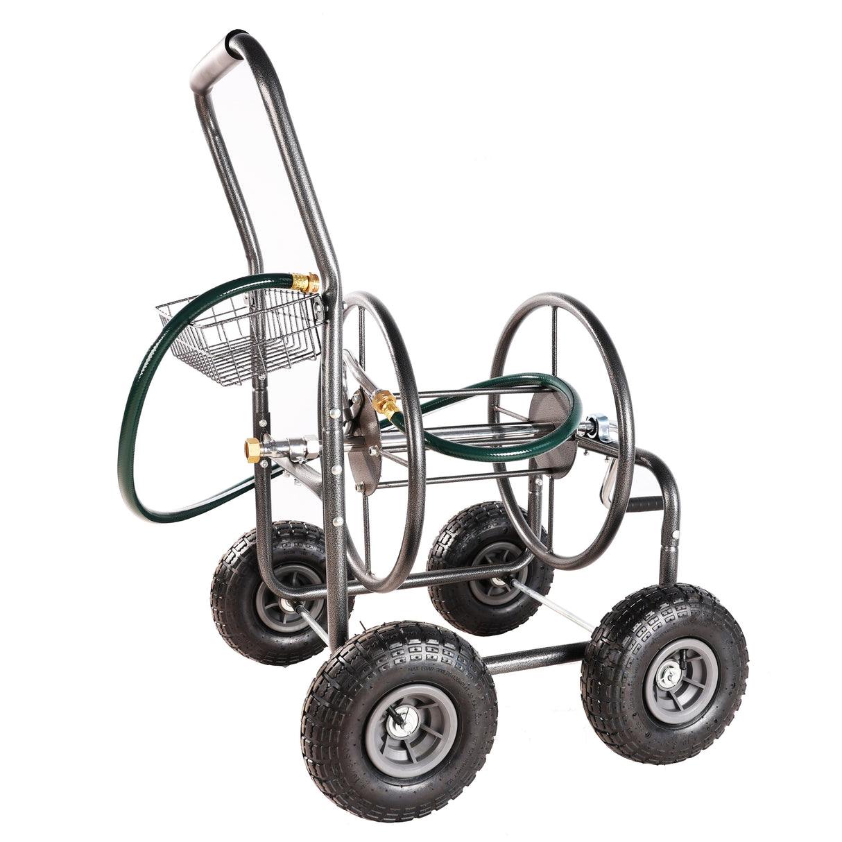 4 Wheels Portable Garden Hose Reel Cart with Storage Basket Rust Resistant Heavy Duty Water Hose Holder