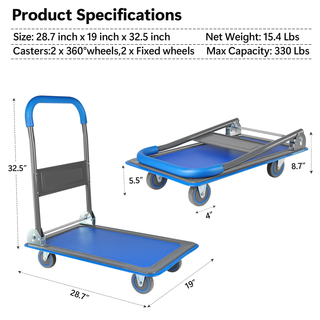 Upgraded Foldable Push Cart Dolly 330 lbs Capacity Moving Platform Hand Truck Heavy Duty Space Saving Collapsible Swivel Push Handle Flat Bed Wagon