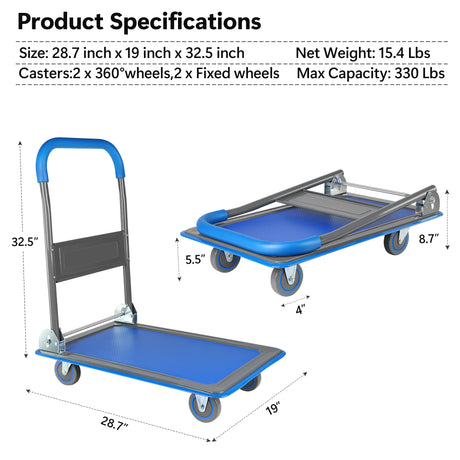 Chariot de poussée pliable amélioré, capacité de 330 lb, plate-forme mobile, diable, robuste, peu encombrant, poignée de poussée pivotante pliable, chariot à lit plat