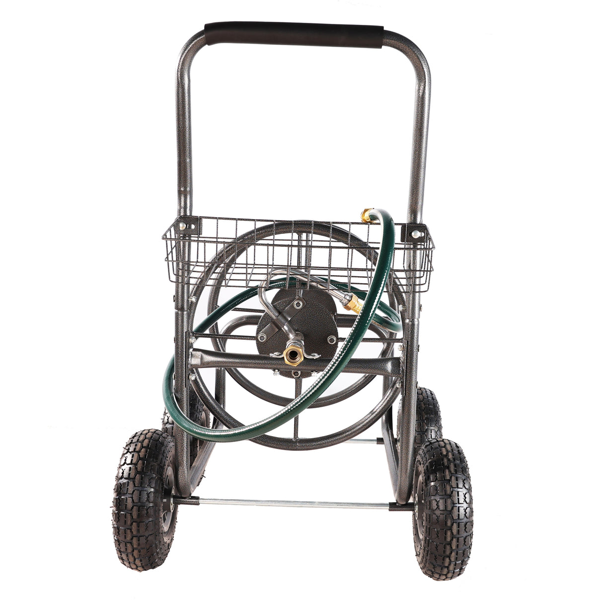 4 Wheels Portable Garden Hose Reel Cart na may Storage Basket Lumalaban sa kalawang na Mabigat na Tungkulin na Water Hose Holder Steel