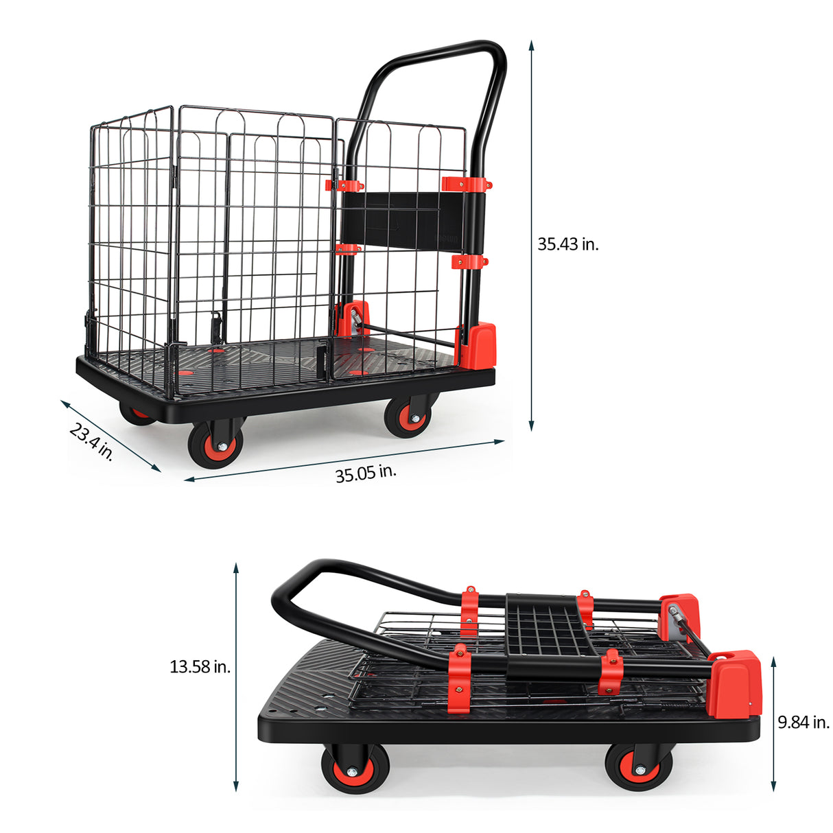 Carrello con gabbia a cestello per carrello a mano con piattaforma pieghevole, capacità 660 libbre - Nero+Rosso