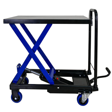 Hydraulic Lift Trolley 500 LBS Capacity na may 4 na Gulong para sa Material Handling at Transportasyon--Black+Blue