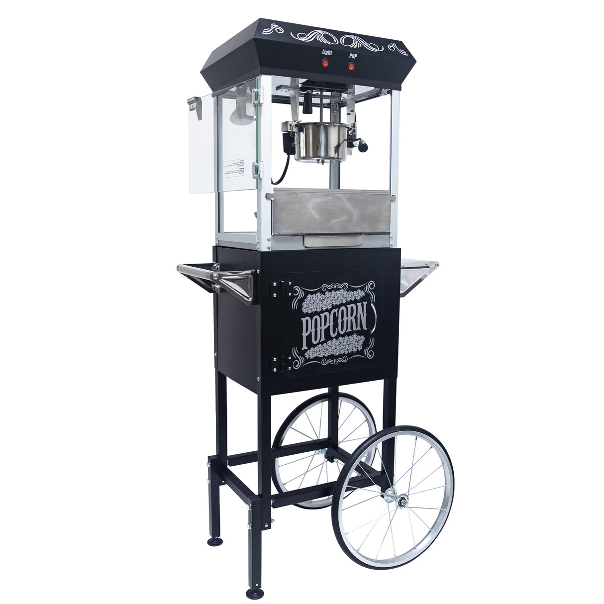 Popcorn Machine with Cart 8oz Popper with Stainless-Steel Kettle Heated Warming Deck and Old Maids Drawer Black