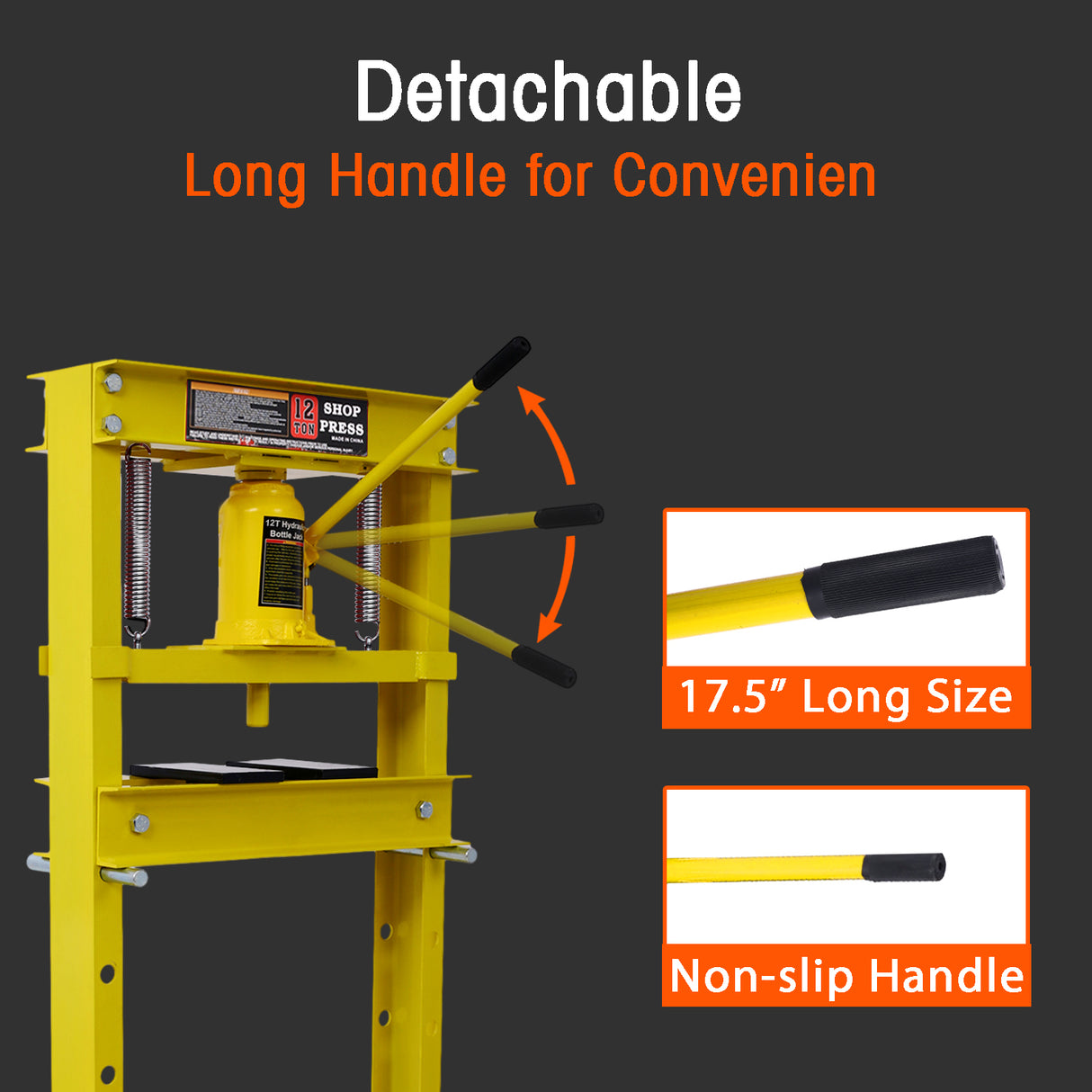 Hydraulic Shop Press 12-Ton Capacity Floor Mount with Press Plates H-Frame Garage Floor Press Adjustable Working Table Height-Yellow