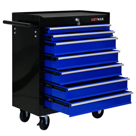 7 Drawers Multifunctional Tool Cart with Wheels Black Blue