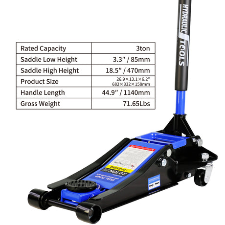 Gato hidráulico de piso de carrera de acero y perfil bajo, capacidad de 3 toneladas (6600 lb) con bomba de elevación rápida de doble pistón, azul, rango de elevación de 3,3"-18,5"