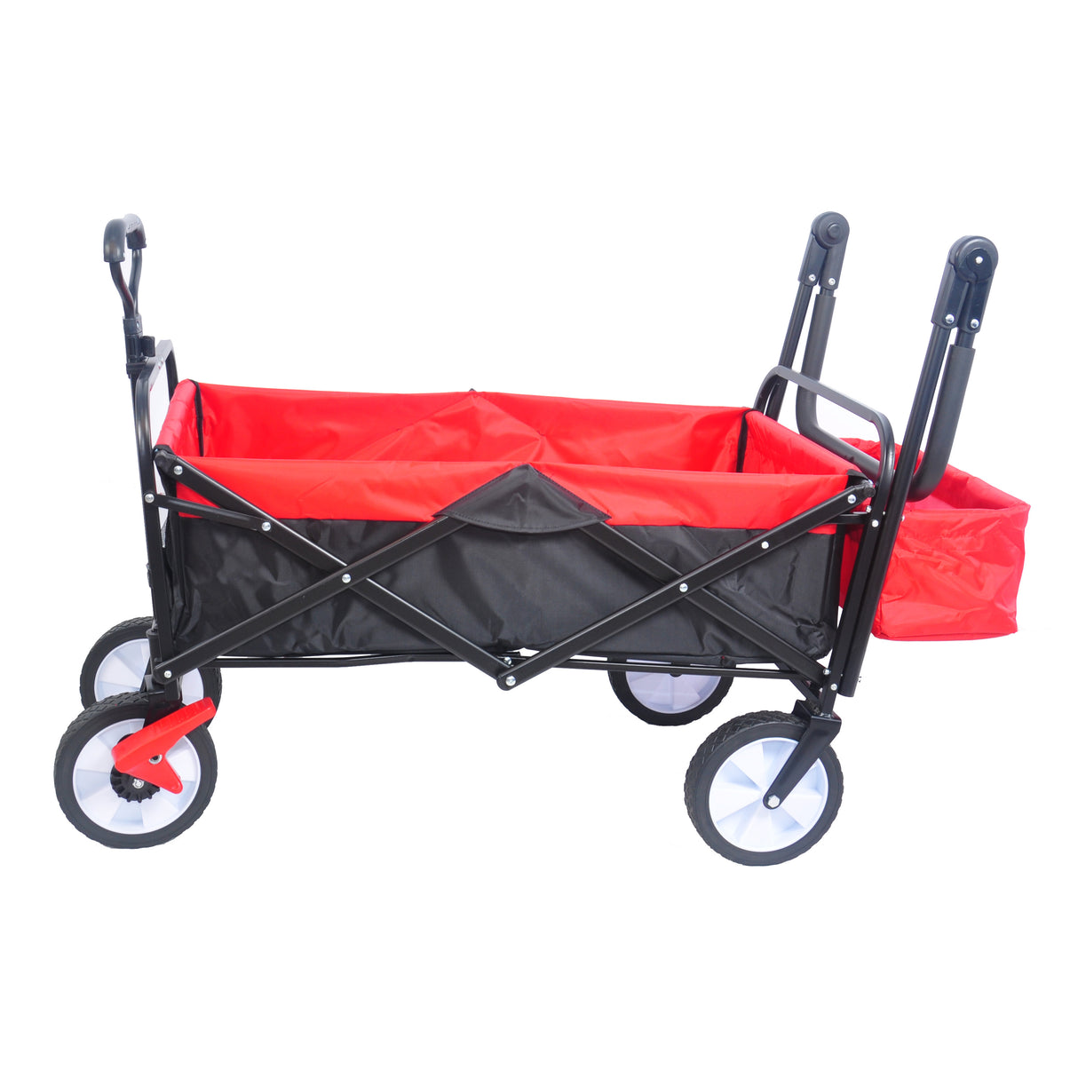 Zusammenklappbarer Mehrzweckwagen für den Außenbereich, robust, zusammenklappbar, für den Garten, tragbarer Handwagen, Getränkehalter, verstellbare Griffe, Schwarz, Rot