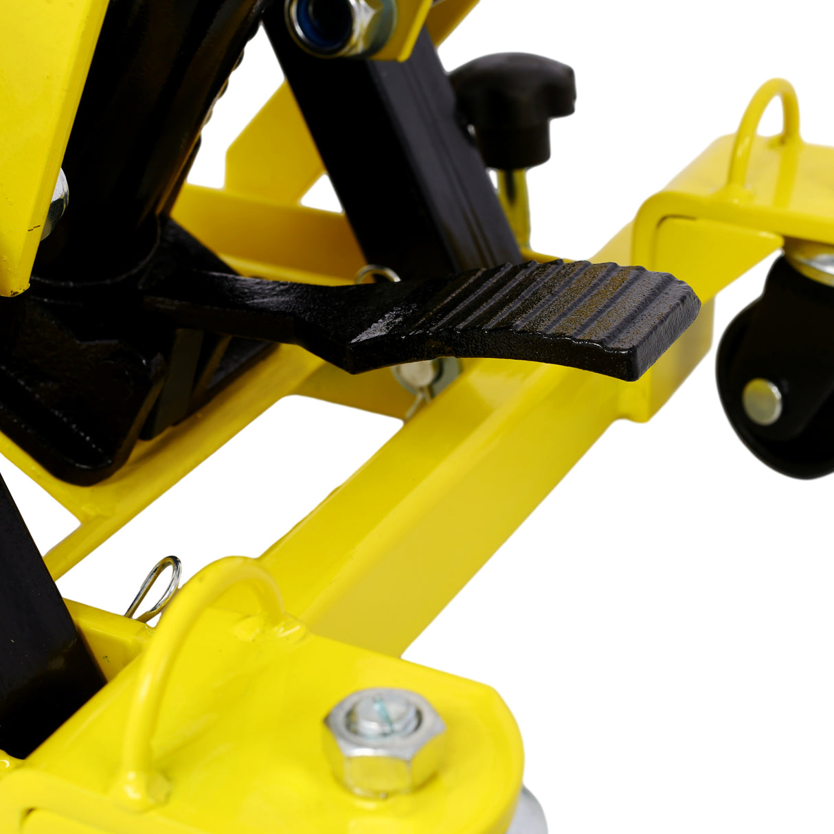 Gato elevador hidráulico para motocicleta, capacidad de 1500 libras, mesa portátil de tijera ATV con 4 ruedas, soporte de elevación accionado por el pie con amarre, color amarillo