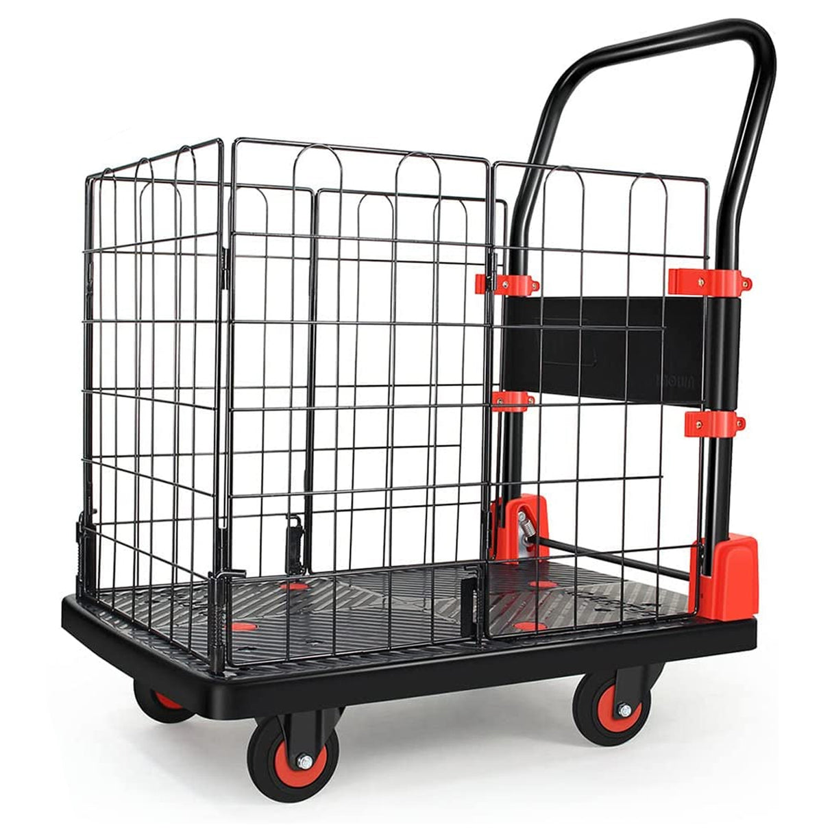 Foldable Platform Push Hand Truck Basket Cage Cart 330 lbs Weight Capacity--Black+Red