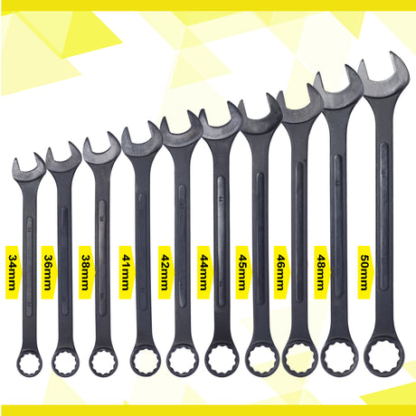 10 PCS Metric Jumbo Combination Wrench Set na Extra Large Black-Oxide 34 36 38 41 42 44 45 46 48 50mm na may Pouch