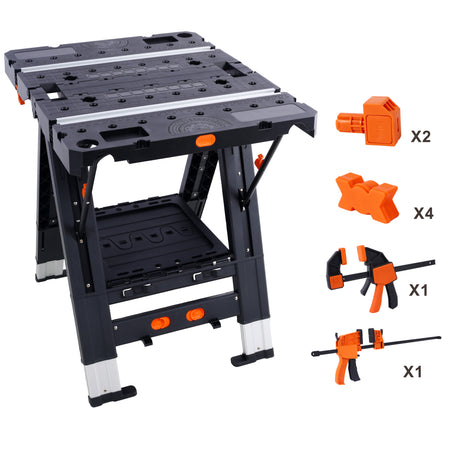 Portable Folding Work Table 2-in-1 Sawhorse and Workbench Large Load Capacity with 2 PCS Clamps