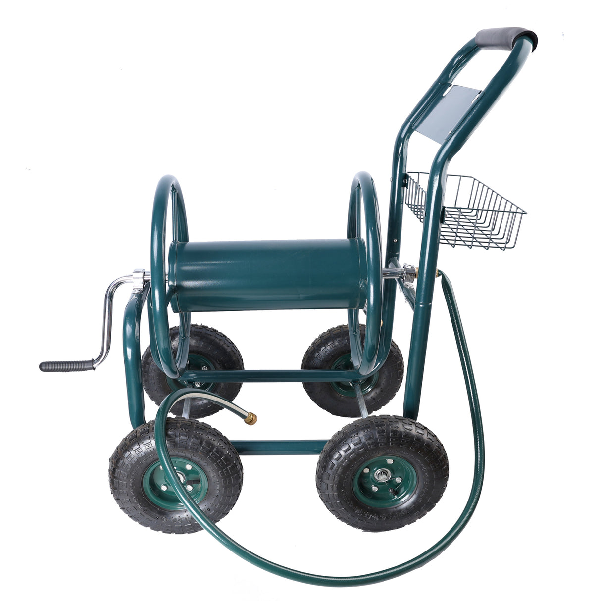 Carrello avvolgitubo da giardino 4 ruote portatile con cestello portaoggetti Portagomma resistente alla ruggine in acciaio verde