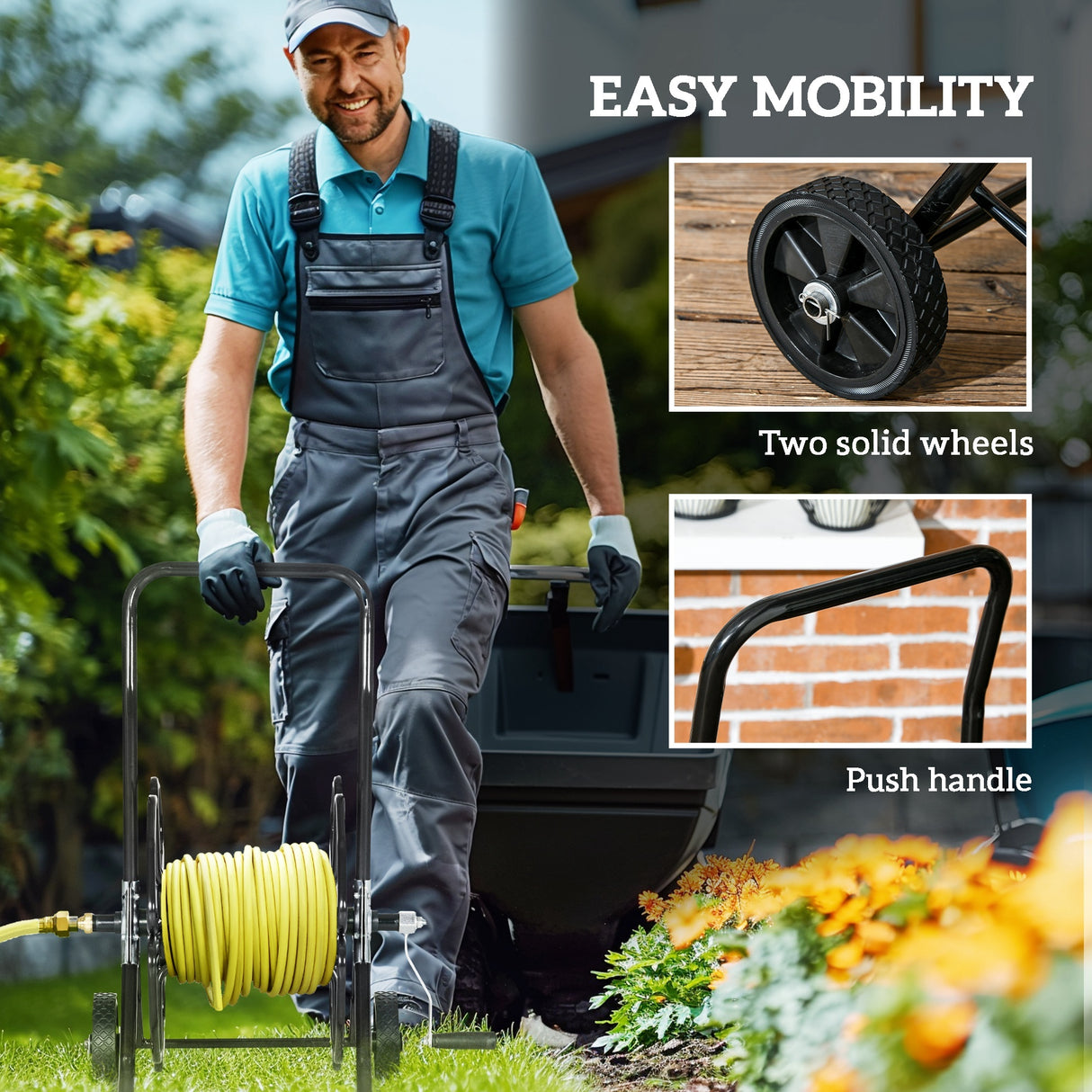 Garden Portable Water Hose Reel Cart Hold Up to 98' of 5/8" Hose (Hose Not Included) with Wheels for Yard Lawn--Black