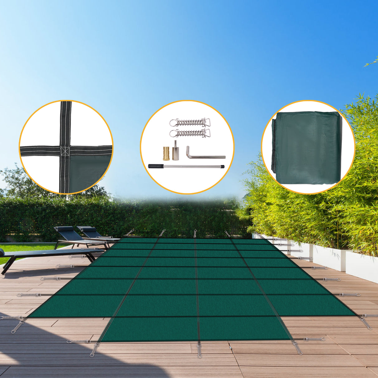 Ang Cover Safety ng Pool ay umaangkop sa 18x36ft Rectangular Ingground Winter Swimming Pool na may 4x8ft Center End Step Triple Stitched High Strength Mesh PP Mahusay na Rain Permeability Installation Hardware--Green Mesh