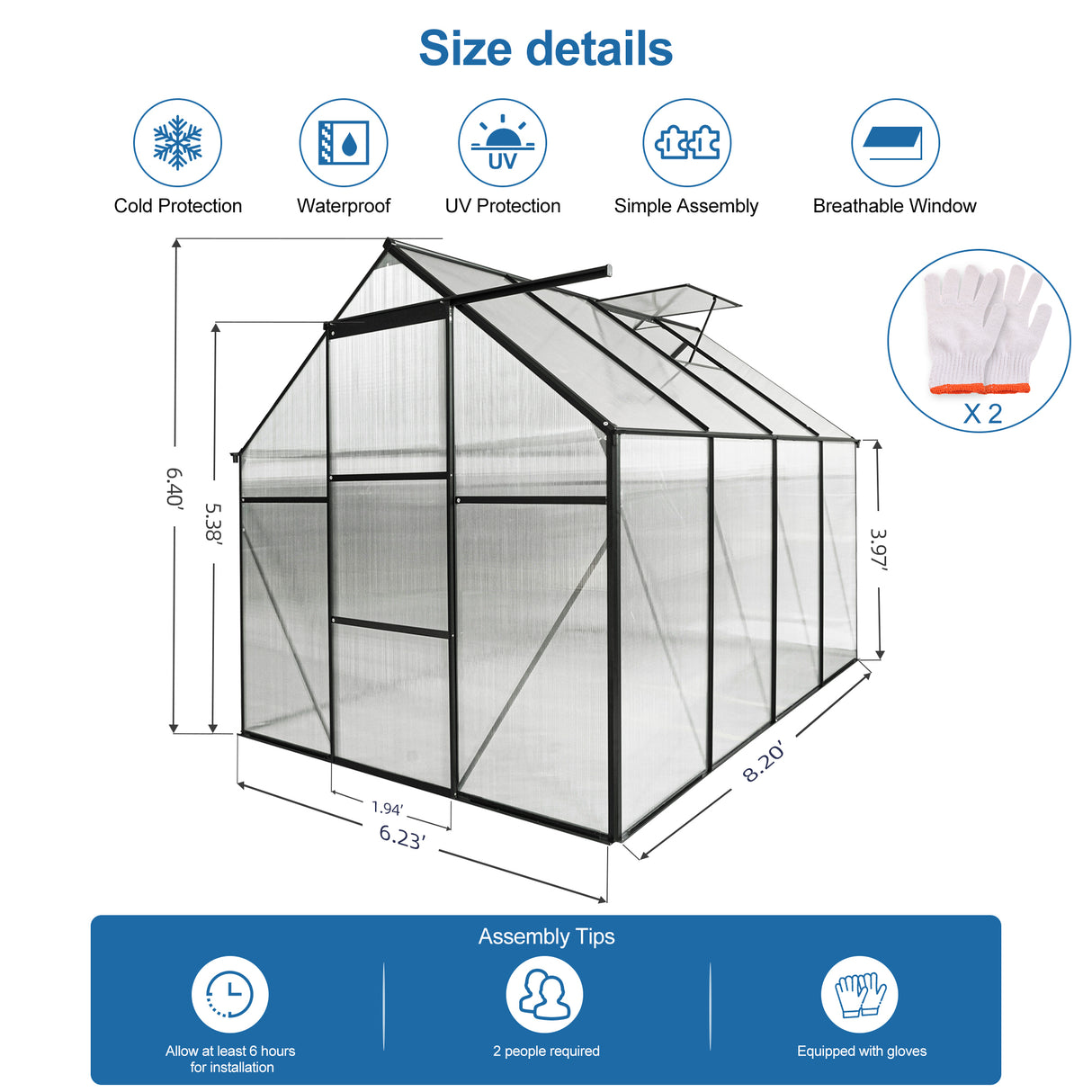 Serre en polycarbonate de 6x8 pieds, base surélevée et ancrage en aluminium robuste, pour cour extérieure, noir toutes saisons