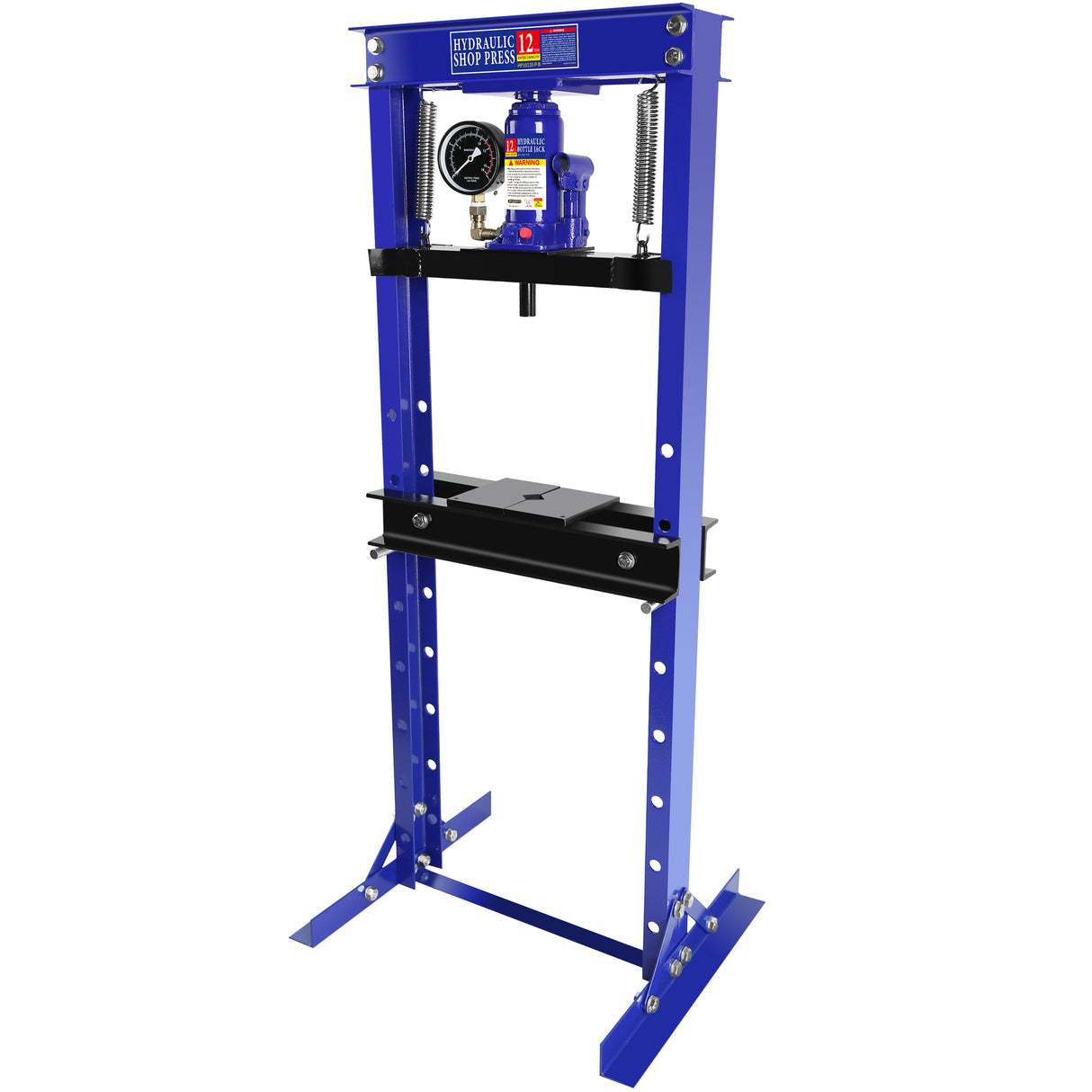 Steel H-Frame Hydraulic Shop Press with Stamping Plates to Bend Straighten or Press Parts with A Pressure Gauge Install Bearings and U-Joints 12 Ton (24,000 lb) Capacity