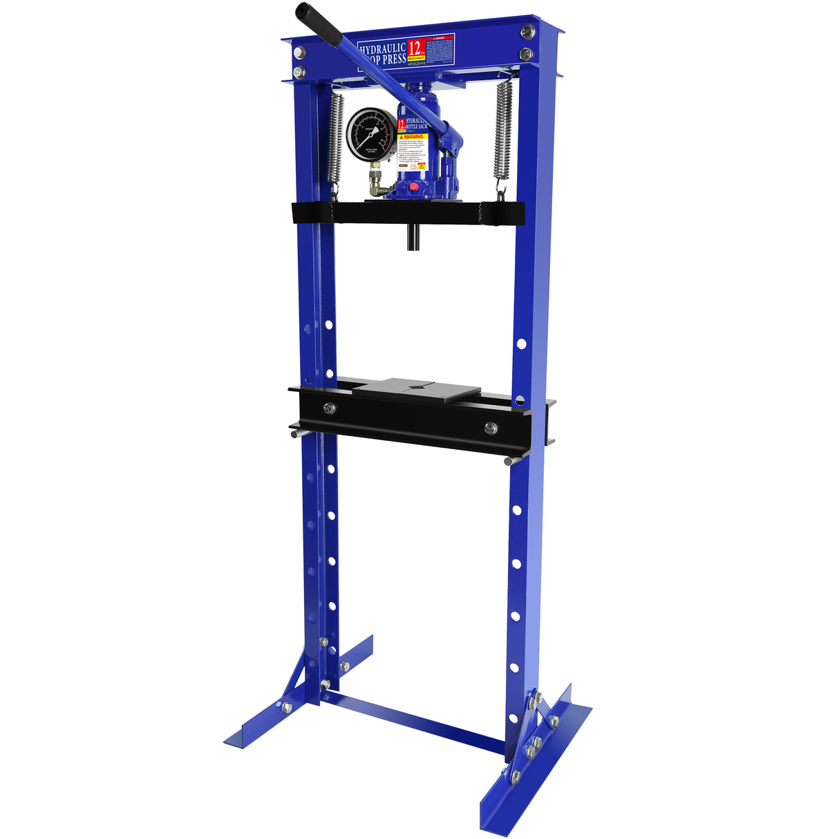 Steel H-Frame Hydraulic Shop Press with Stamping Plates to Bend Straighten or Press Parts with A Pressure Gauge Install Bearings and U-Joints 12 Ton (24,000 lb) Capacity