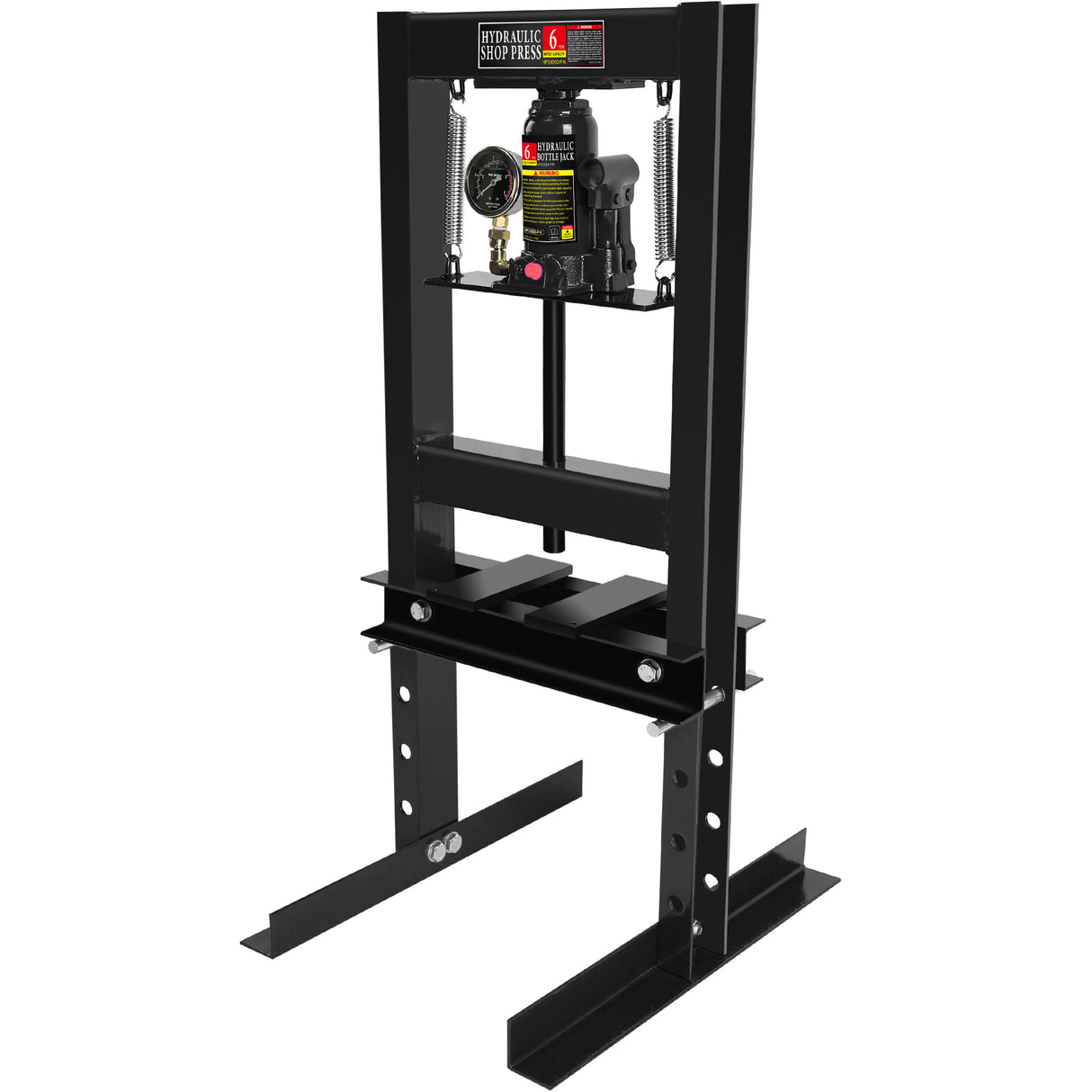 6 Ton Hydraulic Shop Floor Press with Pressure Gauge Steel H-Frame Steel Plates Adjustable Working Table Black