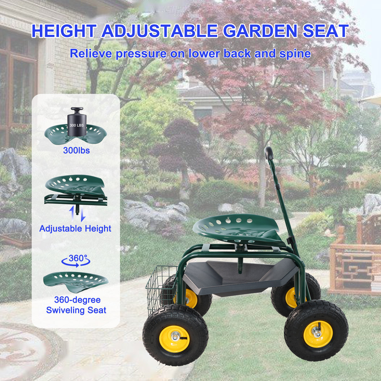 Garden Trolley Rolling Work Chair with Wheels Stool for Planting 360 Degree Swivel Seat Station Wagon Scooter with Steering Handle and Utility Tray for Yard and Outdoors Green