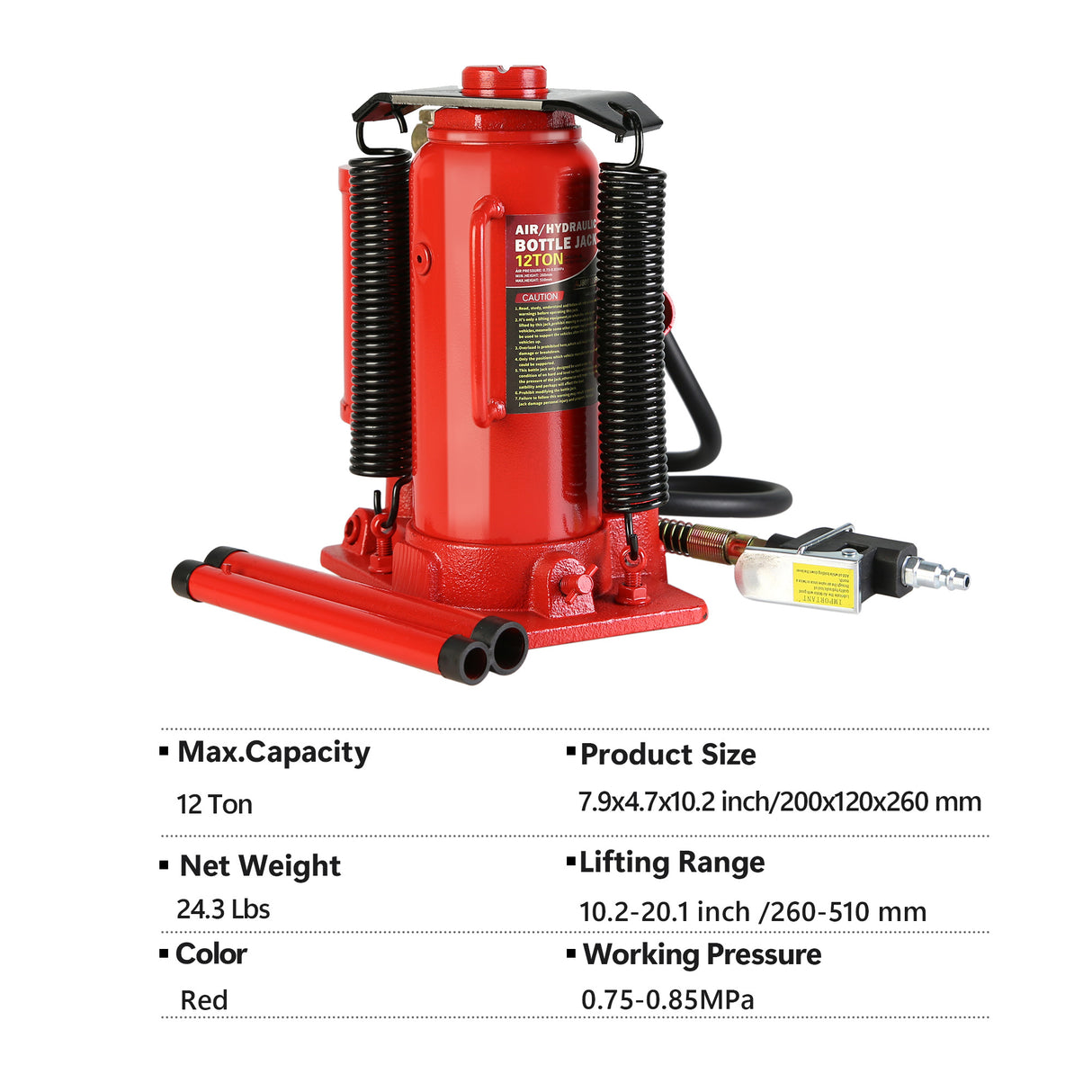 Air Hydraulic Bottle Jack 12 Ton All Welded 10.2-20.1 inch Lifting Range na may 2-Section Long Handle para sa Car Pickup Truck RV Auto Repair Industrial Engineering