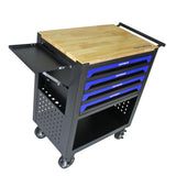 4 Drawers Multifunctional Tool Cart with Wheels and Wooden Top Blue