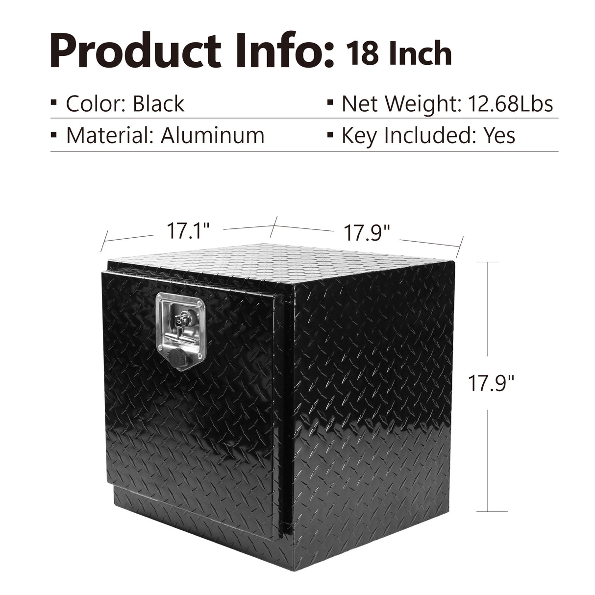 18 Inch Heavy Duty Aluminum Diamond Plate Tool Underbody Box Waterproof Square Storage Organizer Chest for Pick Up Truck Bed RV Trailer with T-Handle Lock and Keys 18"(17.9"×17.1"×17.9")