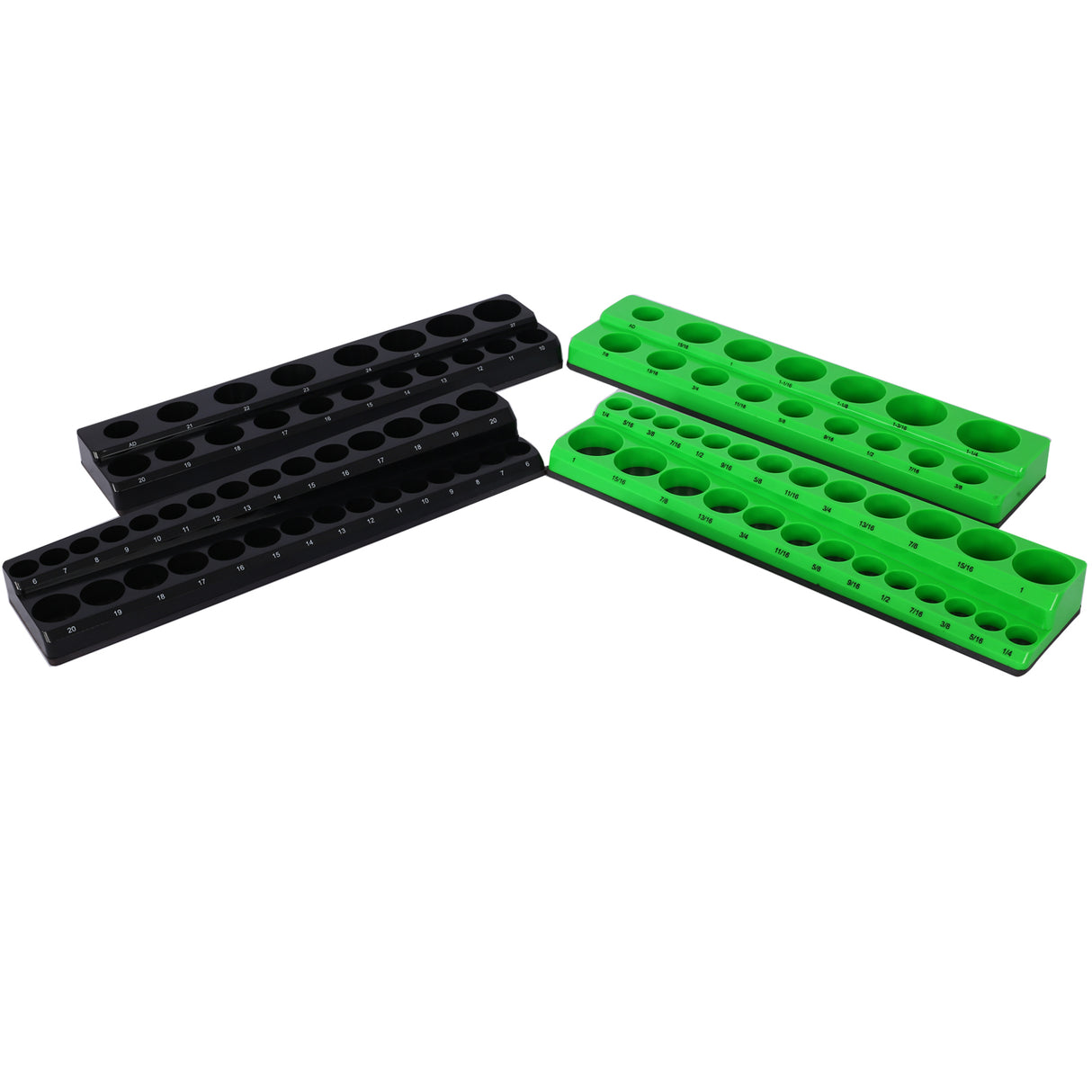 Ensemble de 6 supports de rangement de douilles magnétiques comprenant des plateaux métriques SAE de 1/4", 3/8" et 1/2" pouvant contenir 141 douilles de taille standard et de taille profonde (douille non incluse) - Vert et noir