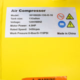 4.5HP Portable 13 Gallon Oil-Lubricated Air Compressor Tank Napakatahimik na Pahalang na Naaayos na Presyon na may Built-in na Gulong na Dilaw