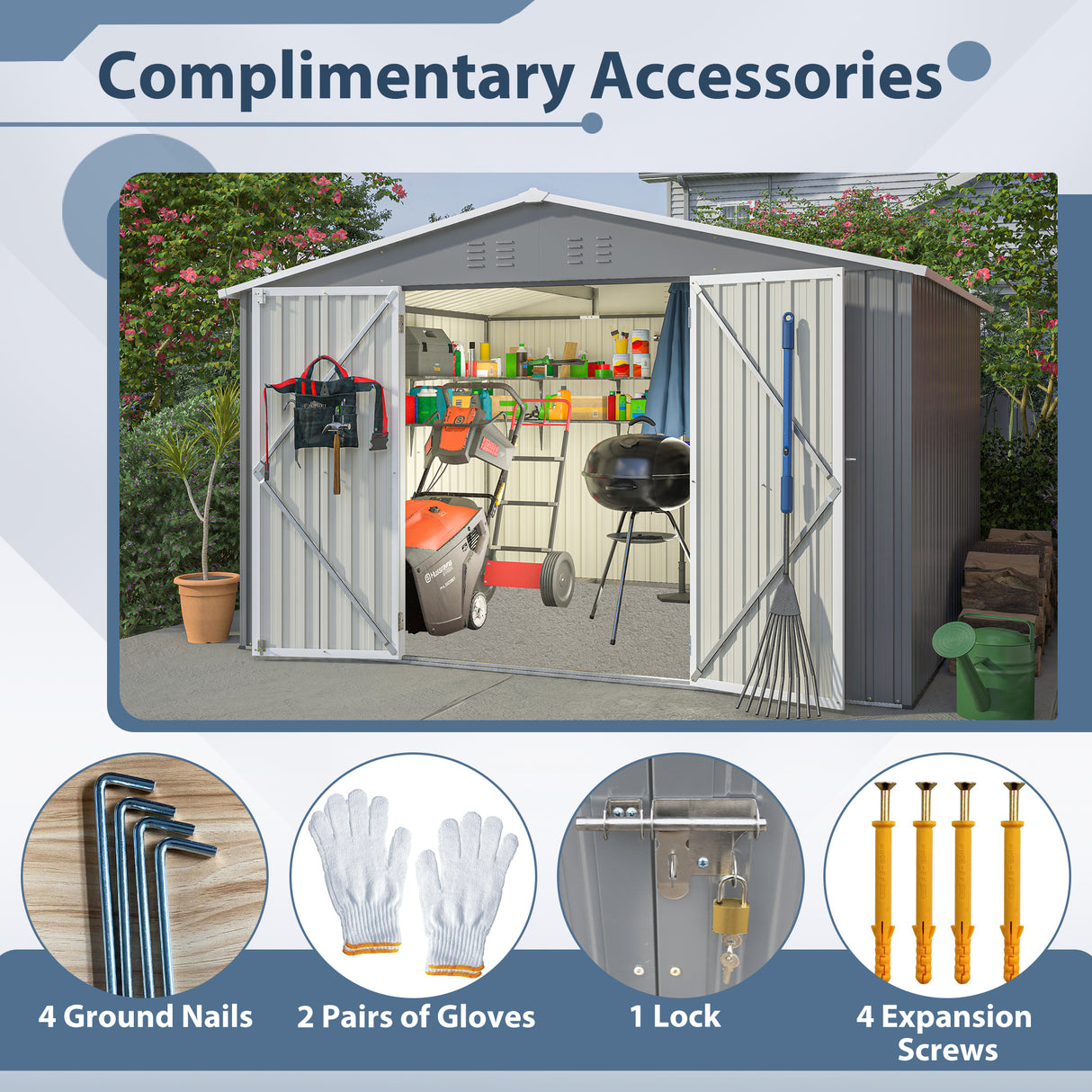 10X8 FT Outdoor Storage Shed Lahat ng Weather Metal na may Lockable Doors Tool para sa Patio ng Hardin sa Backyard Lawn Gray