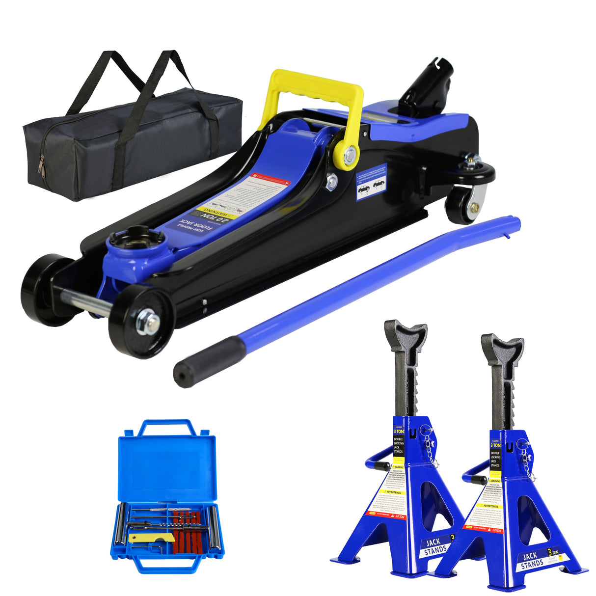 2 Ton Low Profile Floor Jack 3t Stand Tire Repair Kit Heavy Duty Steel Racing with Single Piston Quick Lift Pump Lifting Range 3.3"-15.2"