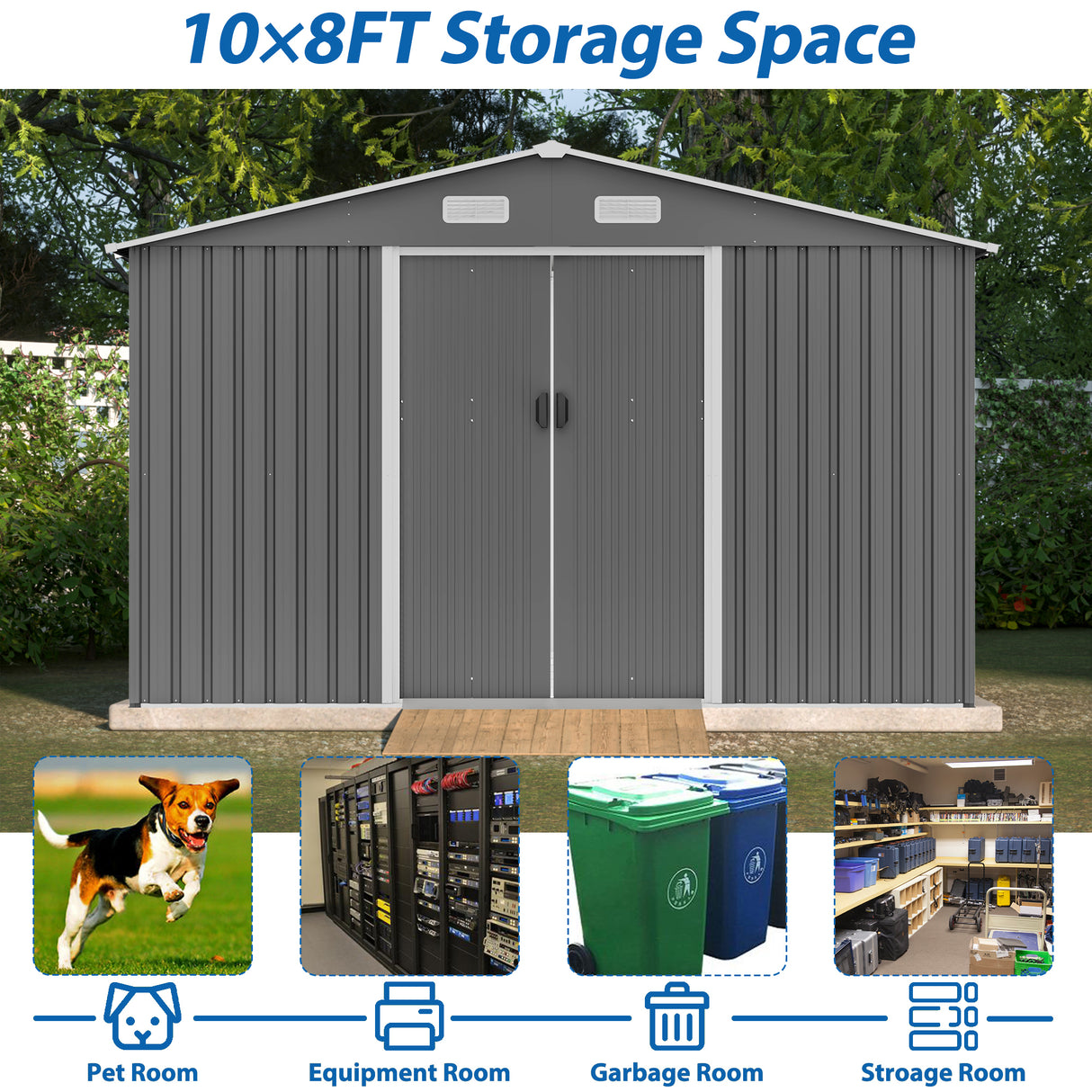 10X8 FT Outdoor Storage Shed Metal Foundation & Lockable Doors Tool for Garden Patio Backyard Lawn Grey