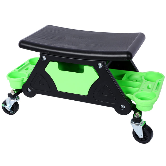 Mechanic Stool 300 LBS Capacity Garage Gift for Men Heavy Duty Rolling Seat with Three Slide Out Tool Trays and Drawer for Automotive Auto Repair--Green