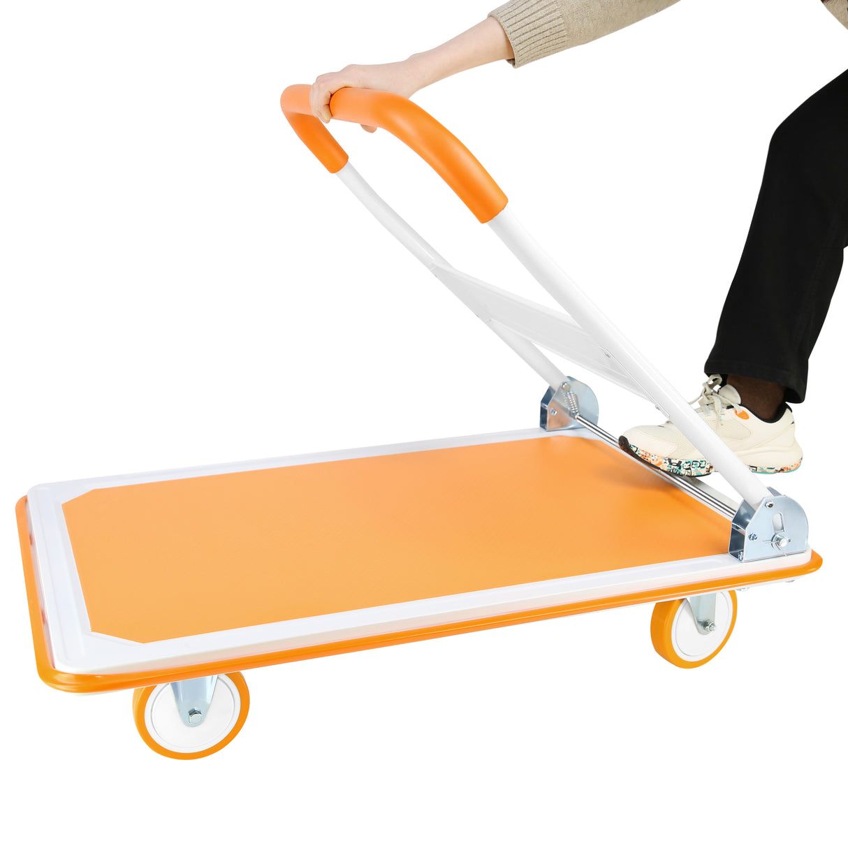 Carro de empuje plegable Dolly, plataforma móvil de alta resistencia con capacidad de 660 libras, carretilla de mano blanca y naranja