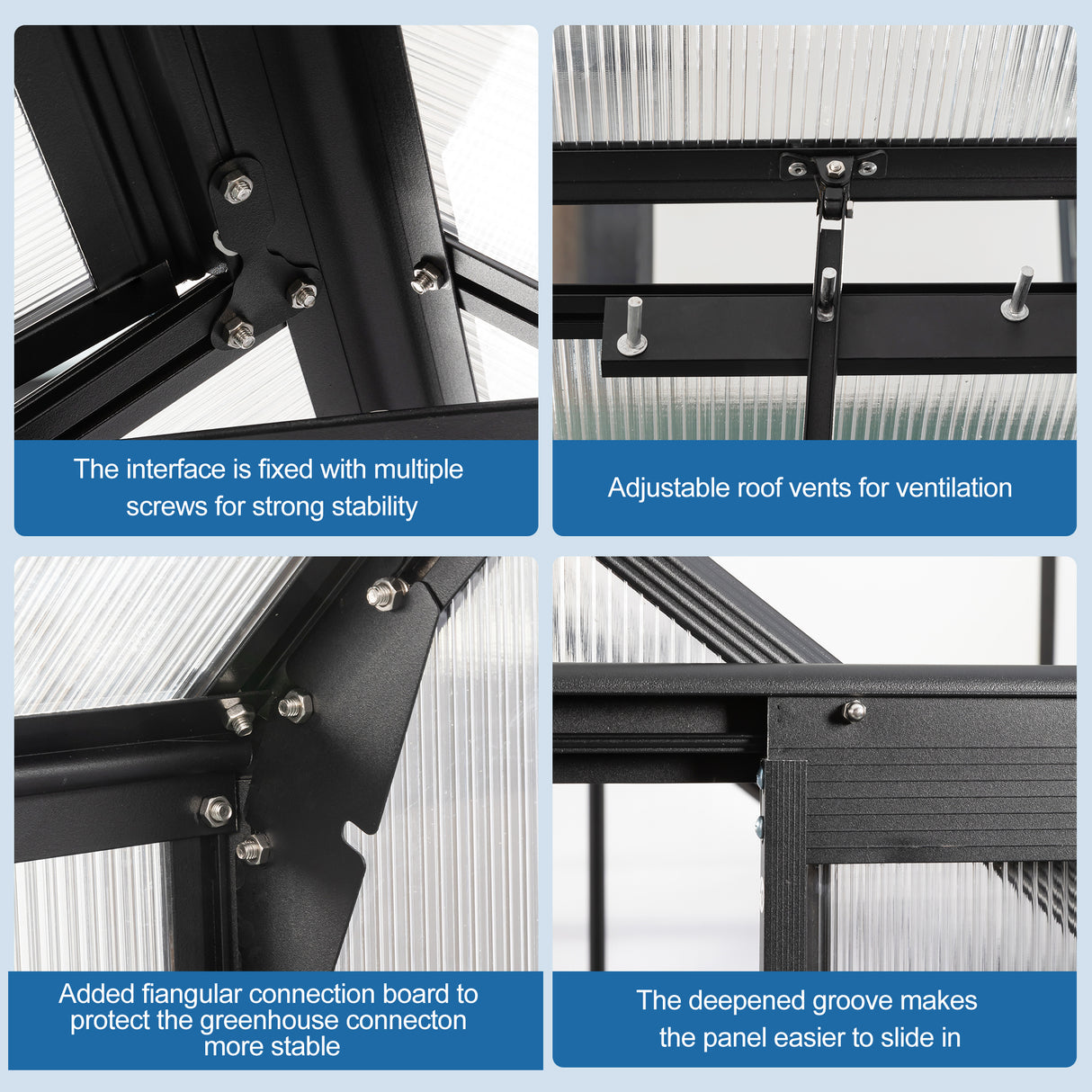 Serre en polycarbonate de 6x8 pieds, base surélevée et ancrage en aluminium robuste, pour cour extérieure, noir toutes saisons