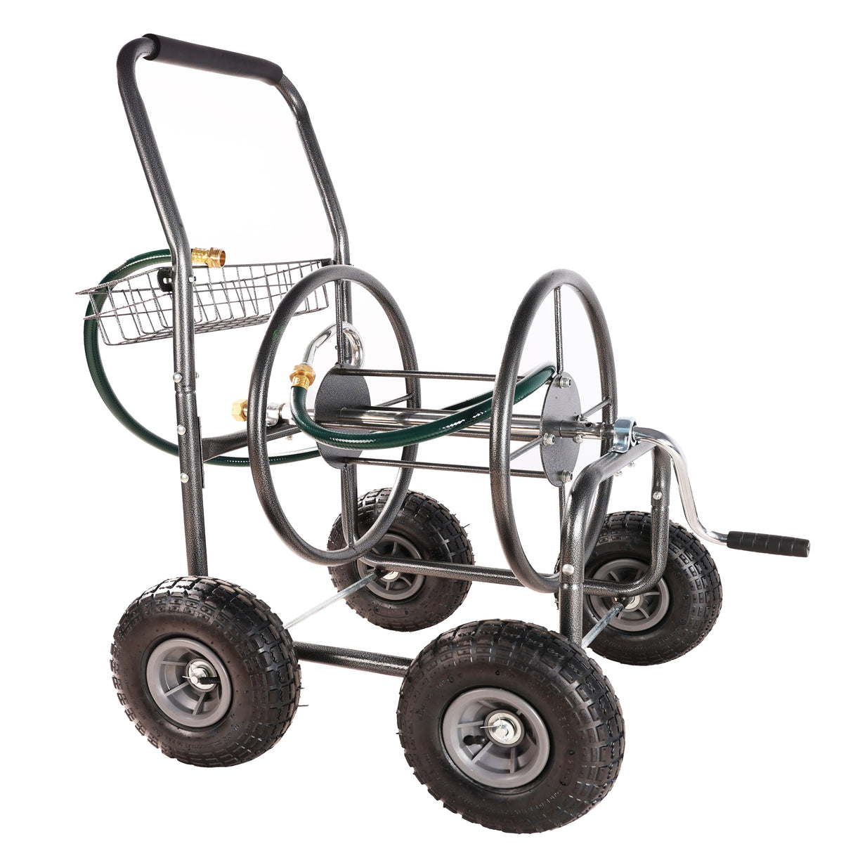 4 Wheels Portable Garden Hose Reel Cart na may Storage Basket Lumalaban sa kalawang na Mabigat na Tungkulin na Water Hose Holder Steel