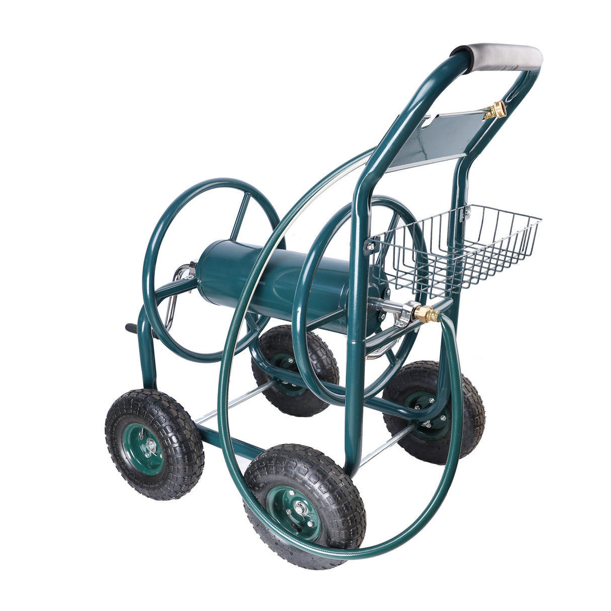 Carrello avvolgitubo da giardino 4 ruote portatile con cestello portaoggetti Portagomma resistente alla ruggine in acciaio verde