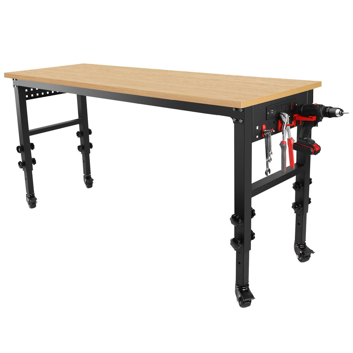 72" × 24'' Adjustable Workbench Rolling Heavy-Duty Worktable na may Power Outlet at Wheels Malaking Load Capacity Rubber Wood Top para sa Garage Office Workshop Home Easy Assembly