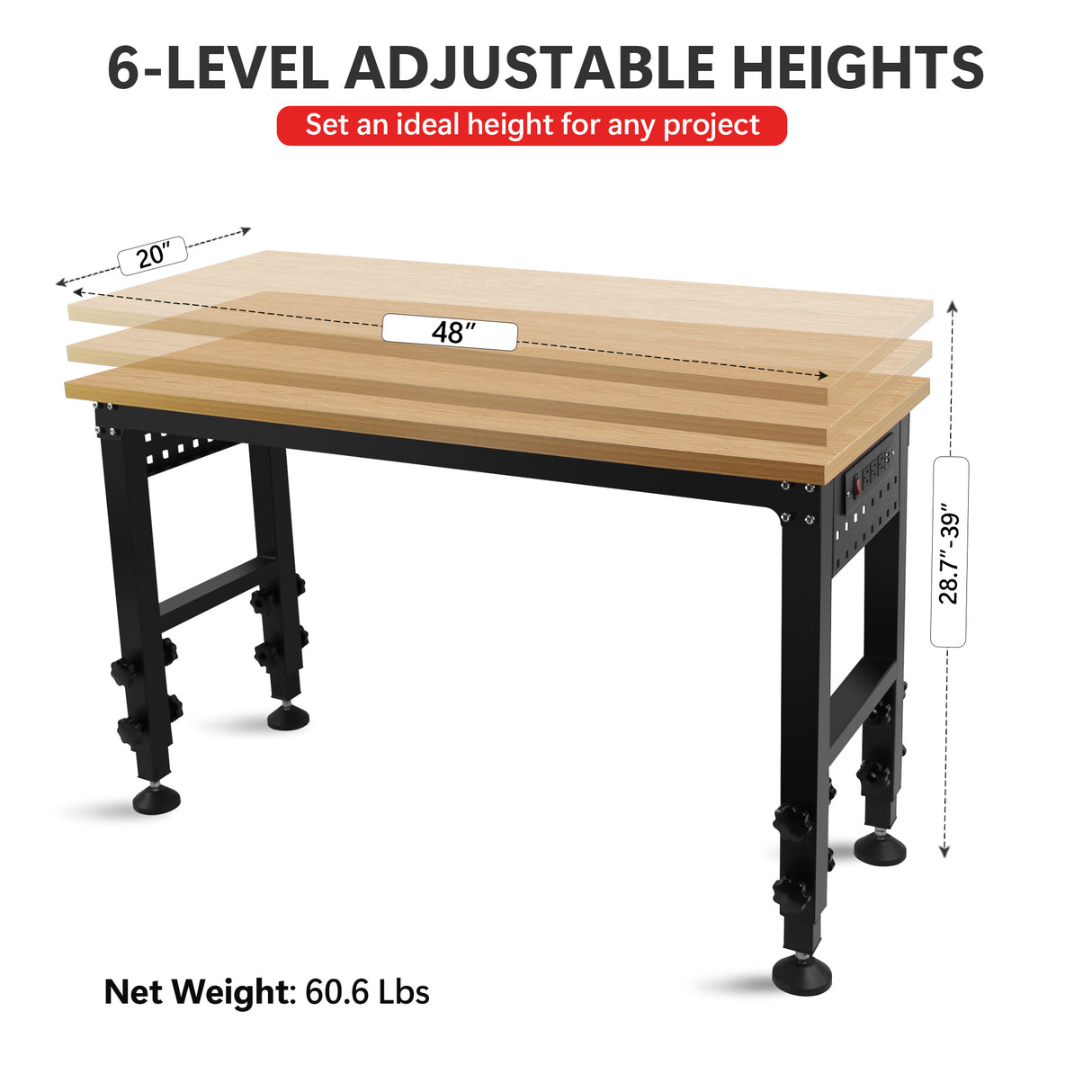 48 "Adjustable Workbench na may Power Outlet Heavy Duty Load Capacity Hardwood Angkop para sa Workshop Office Garage Home