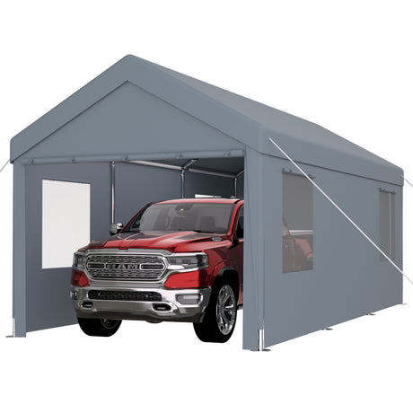 Abri d'auto 10' x 20', auvent de garage portable robuste avec 2 portes enroulables et 4 fenêtres ventilées - gris