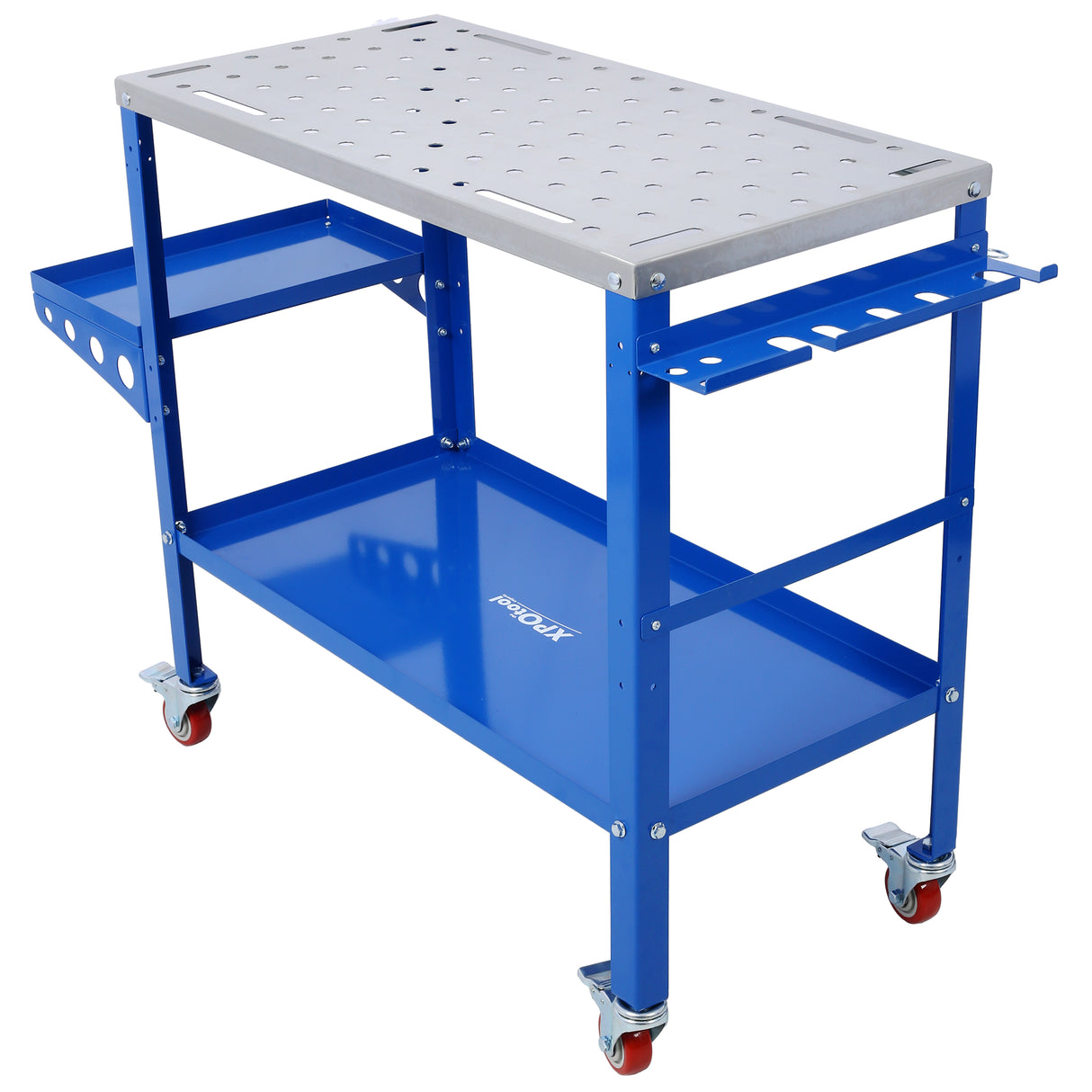 Welding Workbench Table 36"x18" 1200lbs Load Capacity Steel on Wheels Portable Work Bench na may Braking Lockable Casters Tool Slots 5/8-inch Fixture Holes Tray Blue