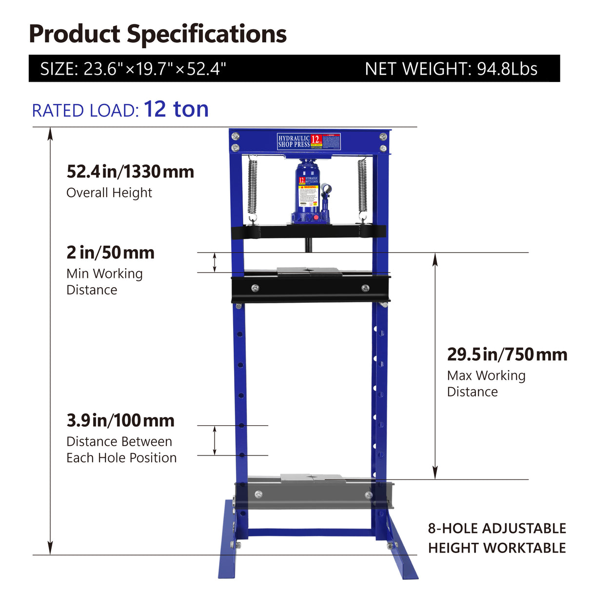 Hydraulic 12 Ton H-Frame Garage Floor Adjustable Shop Press with Plates Blue