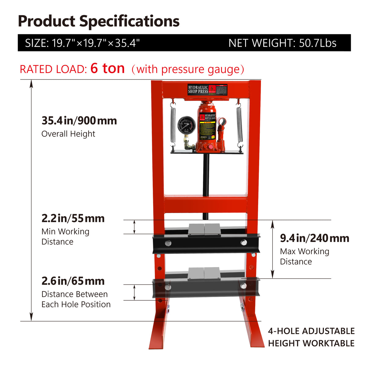 6 Ton Hydraulic Shop Floor Press with Pressure Gauge Steel H-Frame Shop Press with Steel Plates Adjustable Working Table-Red