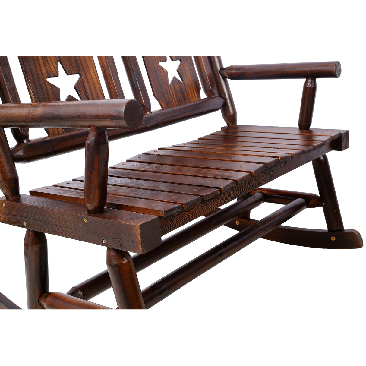 Outdoor Wood Rocking Bench Carbonized Double Chair for 2 Persons with Wide Curved Seat Porch Rocker for Porch Garden Backyard--Rustic Brown