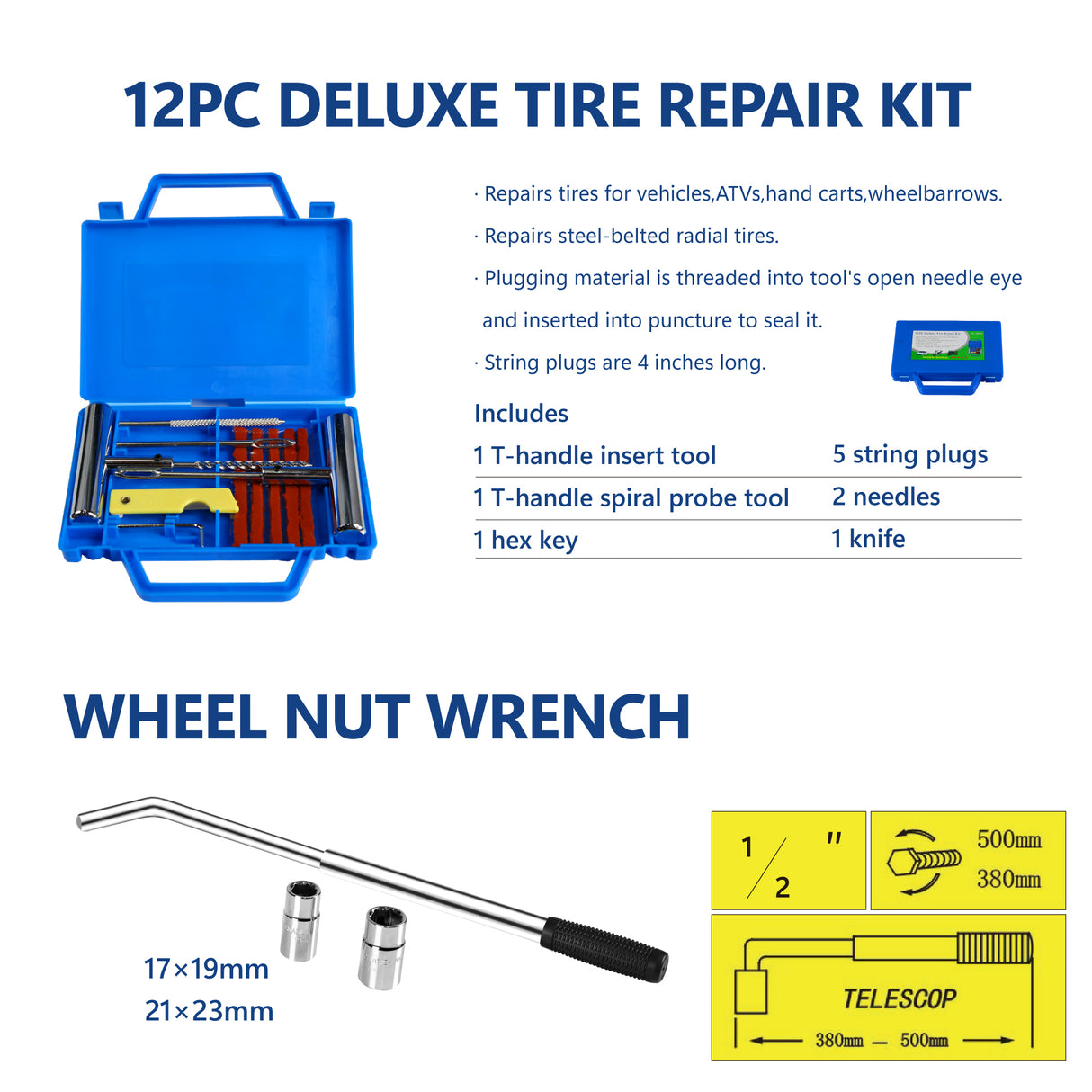 Cric de sol à profil bas de 2 tonnes, kit de réparation de pneus sur support de 3 tonnes, clé en L en acier robuste de course avec pompe à levage rapide à piston unique, plage de levage de 3,3 à 15,2 pouces