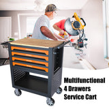 4 Drawers Multifunctional Tool Cart with Wheels and Wooden Top Orange