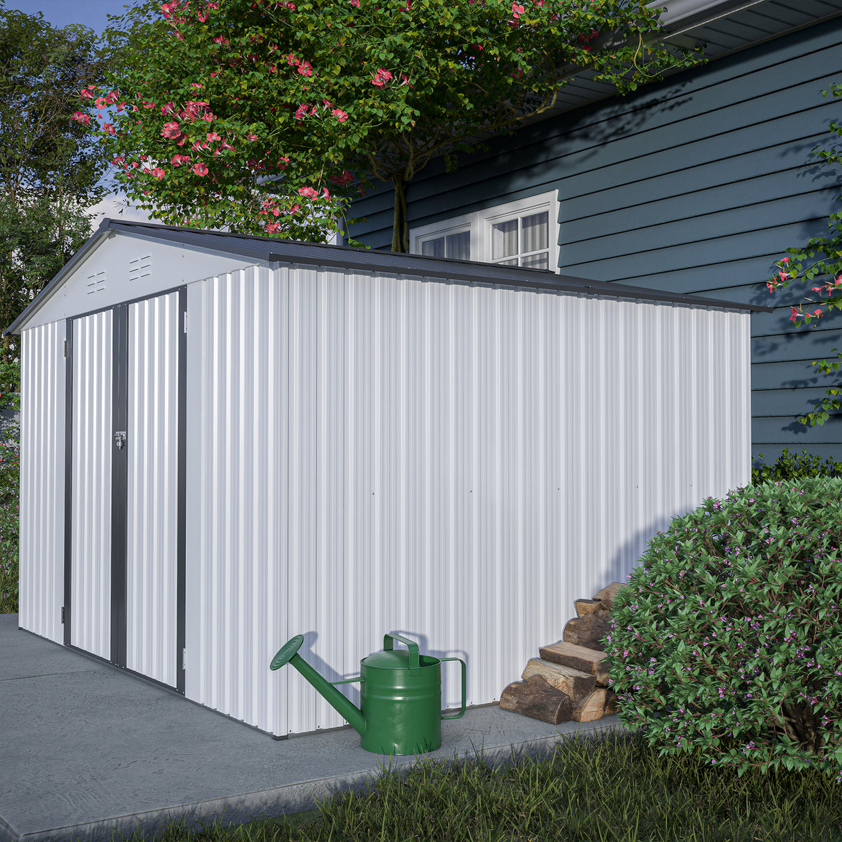 10X8 FT Outdoor Storage Shed All Weather Metal with Lockable Doors Tool for Garden Patio Backyard Lawn Grey