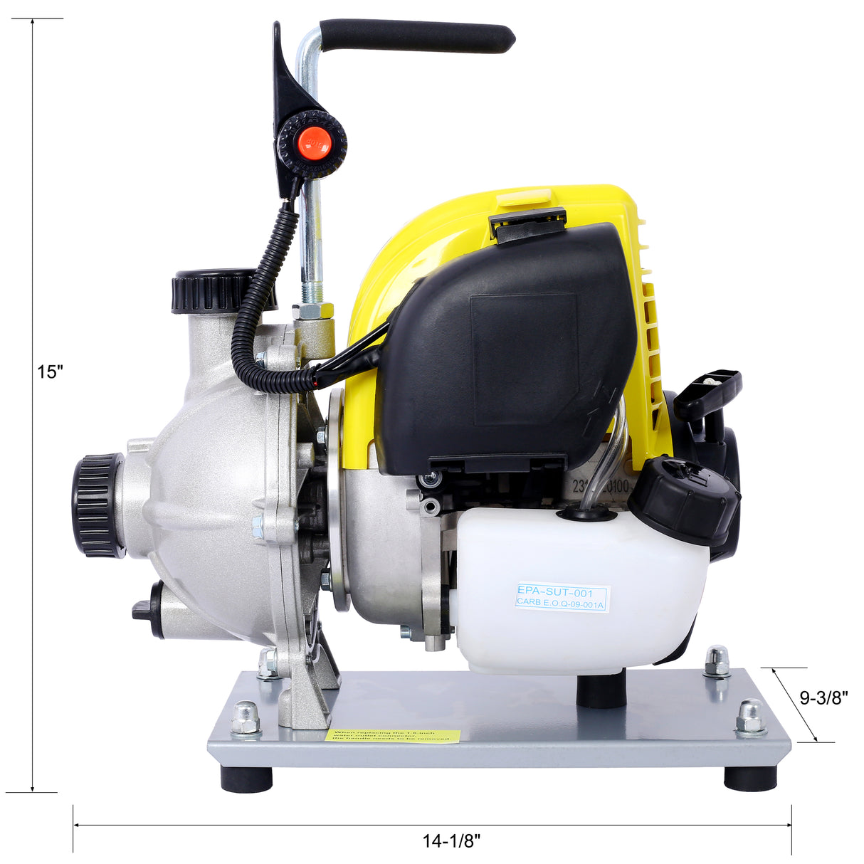 38CC 4-takts bensin vannpumpe 1,5 tommer bærbar gassdrevet overføringspumpe Kommersiell motor for flomlandskap eller hagearbeid Vanning 8500r/min 10FT x 1"suging 1,5" flatslange